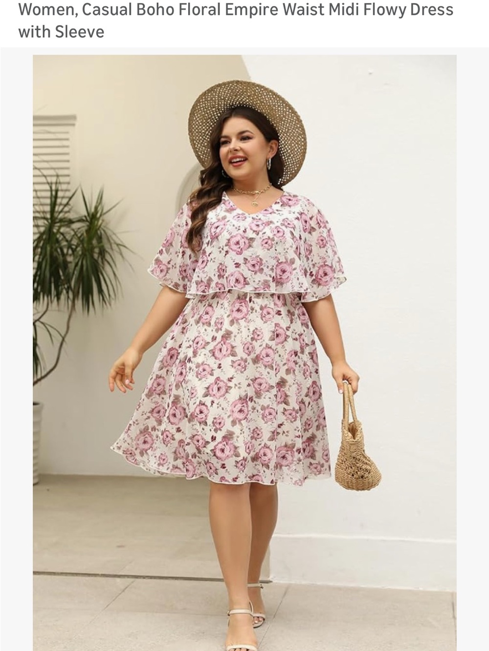 Keluummi Boho Floral Empire Waist Midi Dress in Pink and Cream